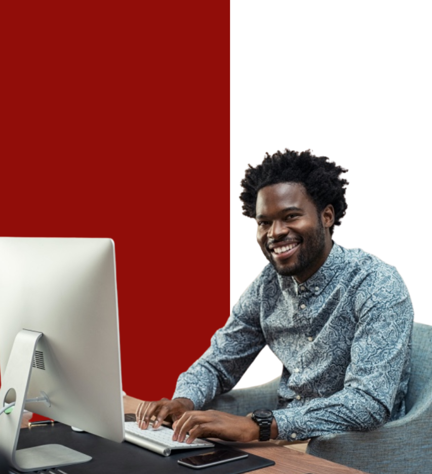 lead generation expert on the computer smiling at a successful client
