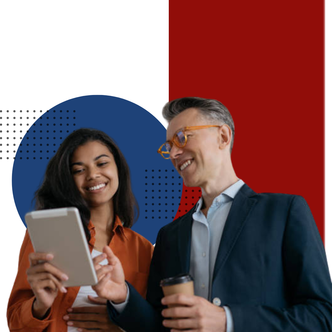 man and woman smiling while reviewing strategic plans