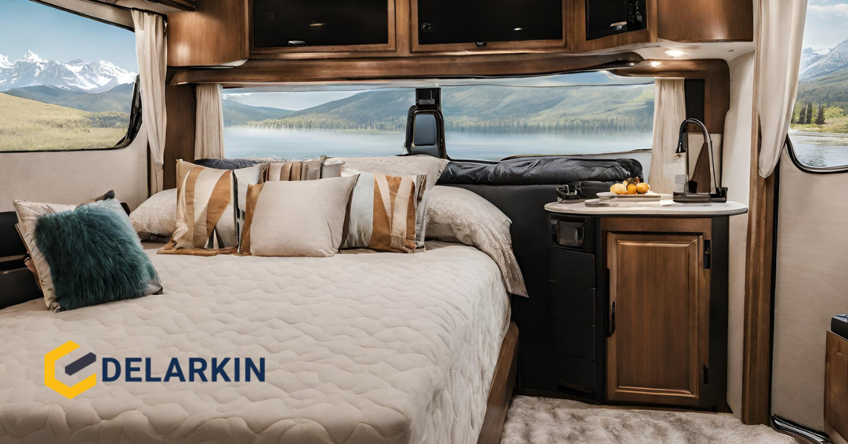 delarkin mattress website redesign header image showing a mattress in an RV with a scenic view